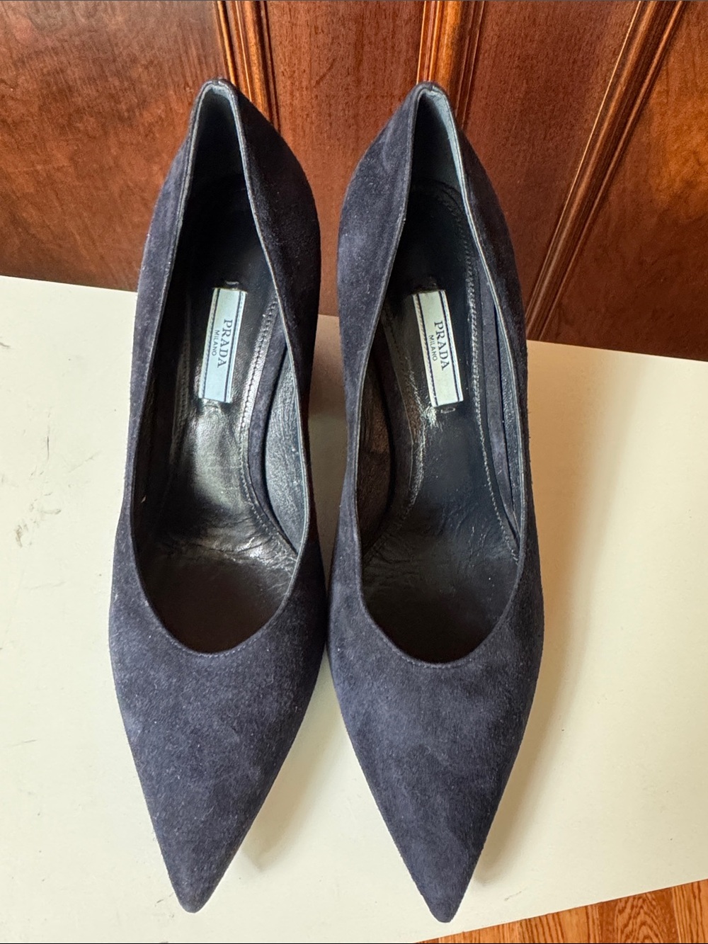 Prada Navy Suede Pointed-Toe Pumps